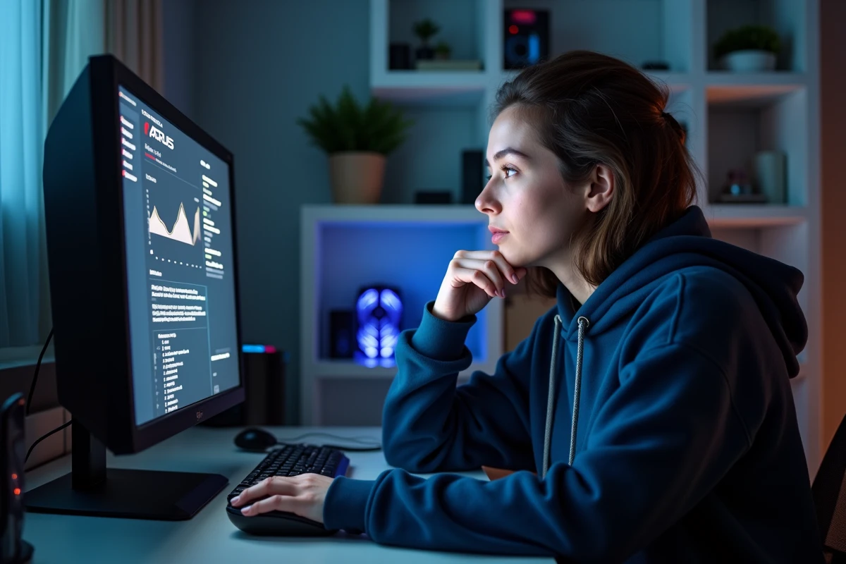Femme consultant l'interface UEFI BIOS AORUS sur son écran de bureau pour configurer le démarrage
