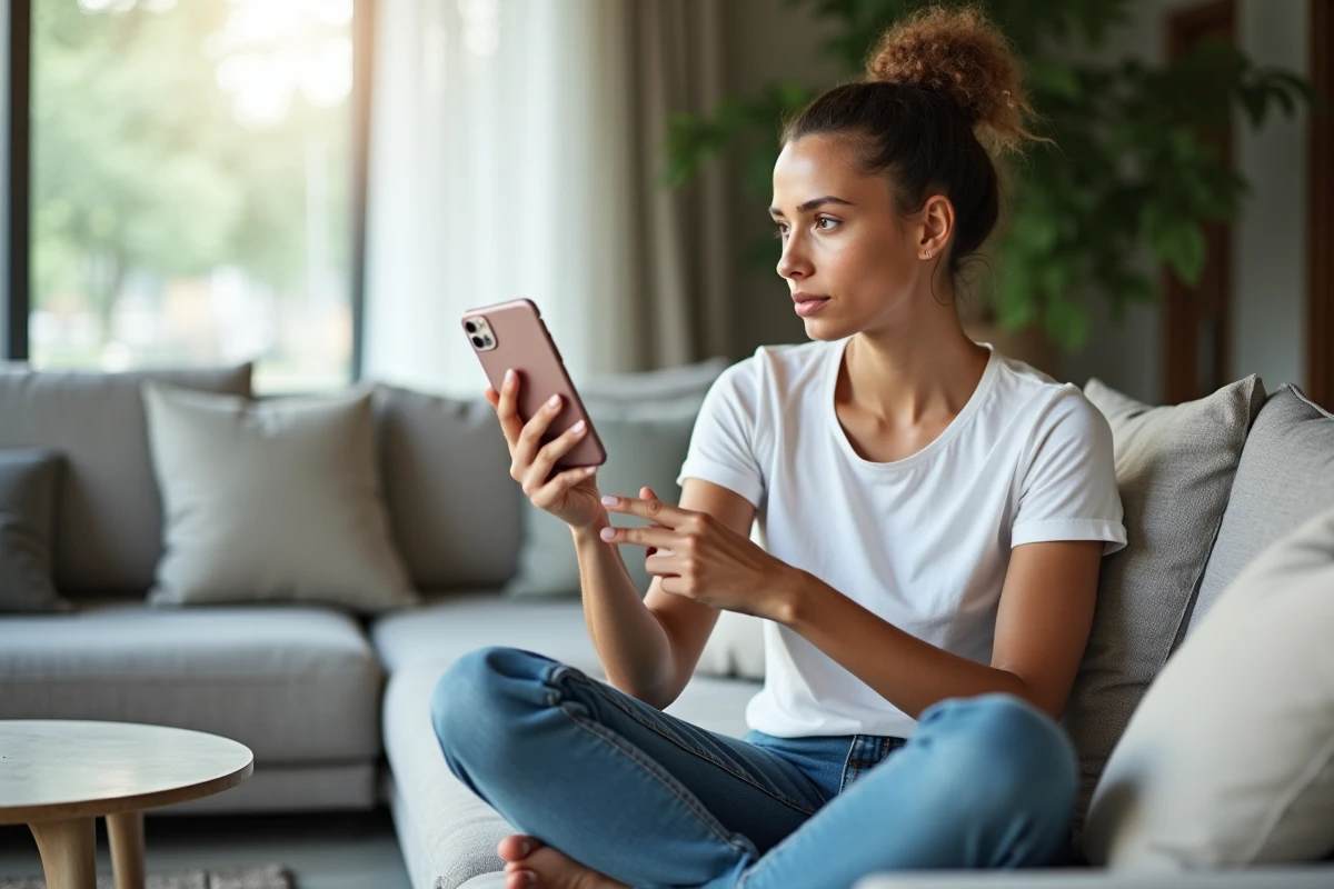 Jeune femme analysant les performances et la batterie de l'iPhone 15 dans un salon moderne