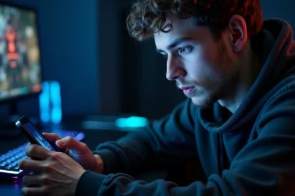 Jeune homme jouant à un jeu mobile sur iPhone 15 dans un setup gaming avec périphériques RGB