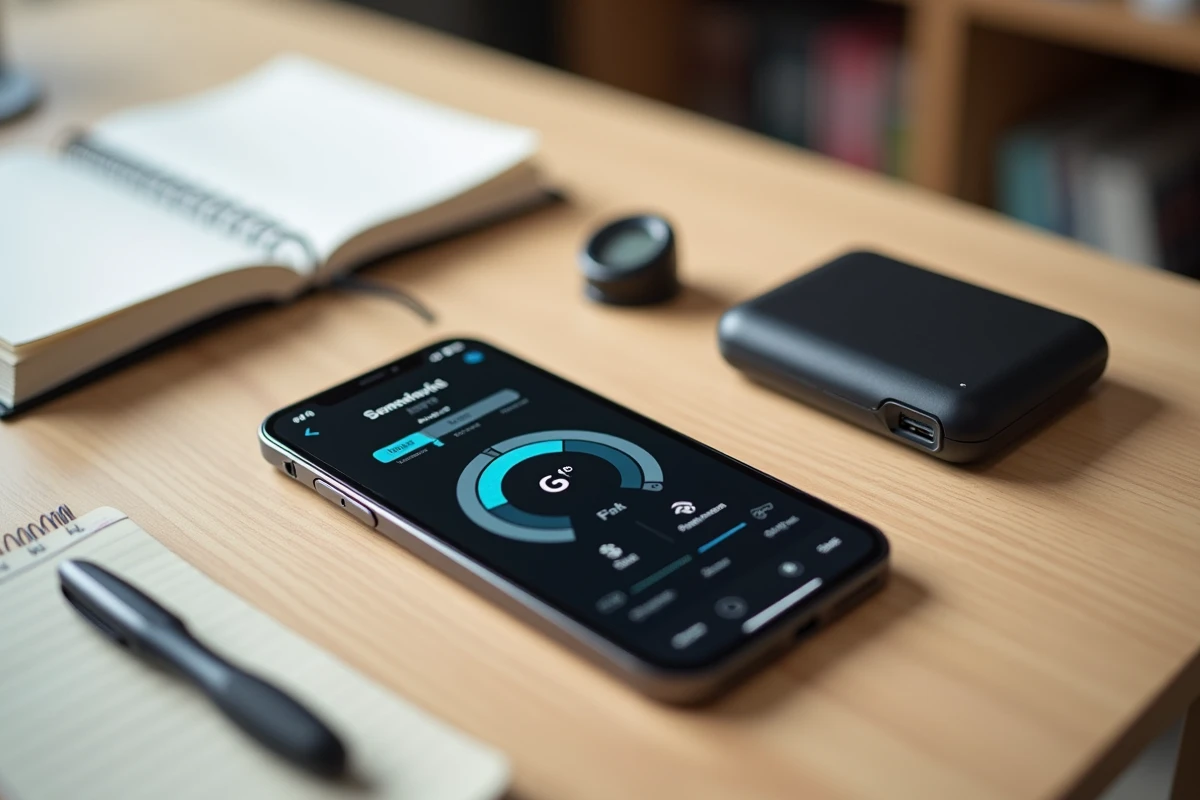 iPhone 15 posé sur un bureau avec thermomètre et batterie externe lors d'un test de performances gaming