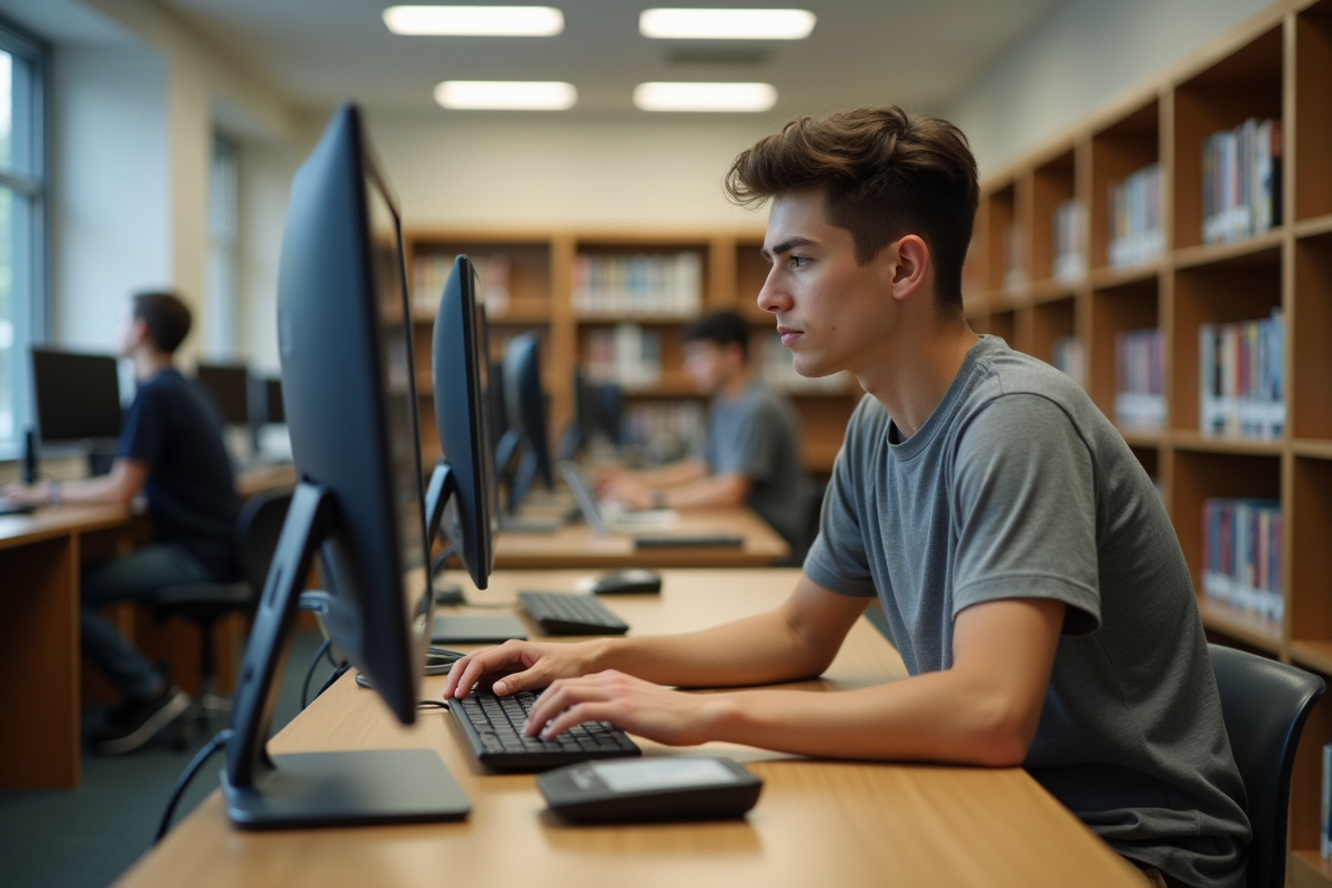 Jeune étudiant concentré sur son ordinateur à la bibliothèque