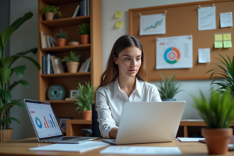 Jeune femme analysant performance web dans son bureau