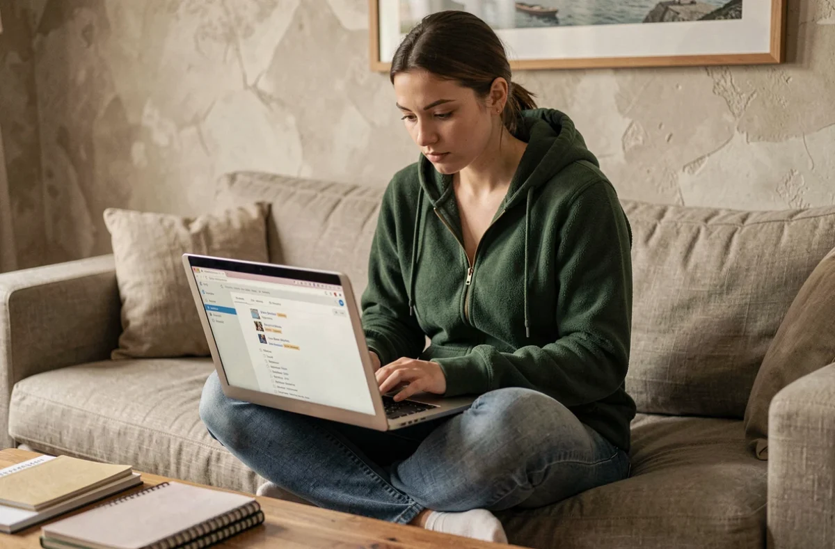 Jeune femme parcourant ses anciens dossiers de messagerie webmail sur un canapé dans un salon moderne