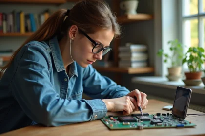 Jeune femme en denim assemble un circuit électronique