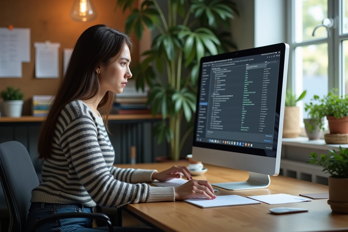 Jeune femme au bureau consultant ses e-mails
