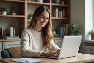 Jeune femme souriante travaillant sur un ordinateur portable à la maison