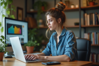 Jeune femme en denim travaillant sur un ordinateur dans un bureau cosy