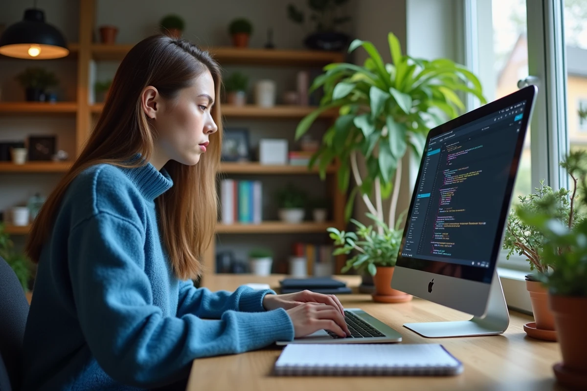 Jeune femme en sweater bleu travaillant sur un ordinateur dans un bureau moderne