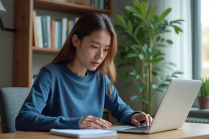 Jeune femme concentrée travaillant sur son ordinateur dans un bureau moderne