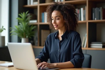 Jeune femme professionnelle au bureau travaillant sur son ordinateur