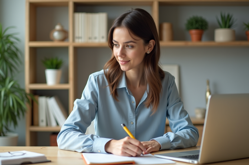 Jeune femme en bureau prenant des notes sur son ordinateur