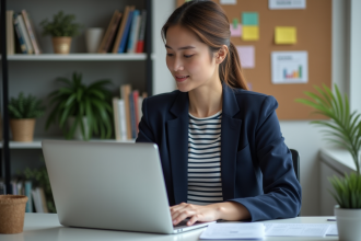 Jeune femme en bureau avec ordinateur et livres SEO