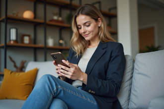 Jeune femme professionnelle avec blazer dans un salon moderne