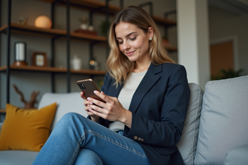 Jeune femme professionnelle avec blazer dans un salon moderne