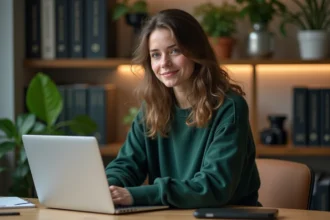 Jeune femme en bureau cosy éditant une vidéo sur son ordinateur