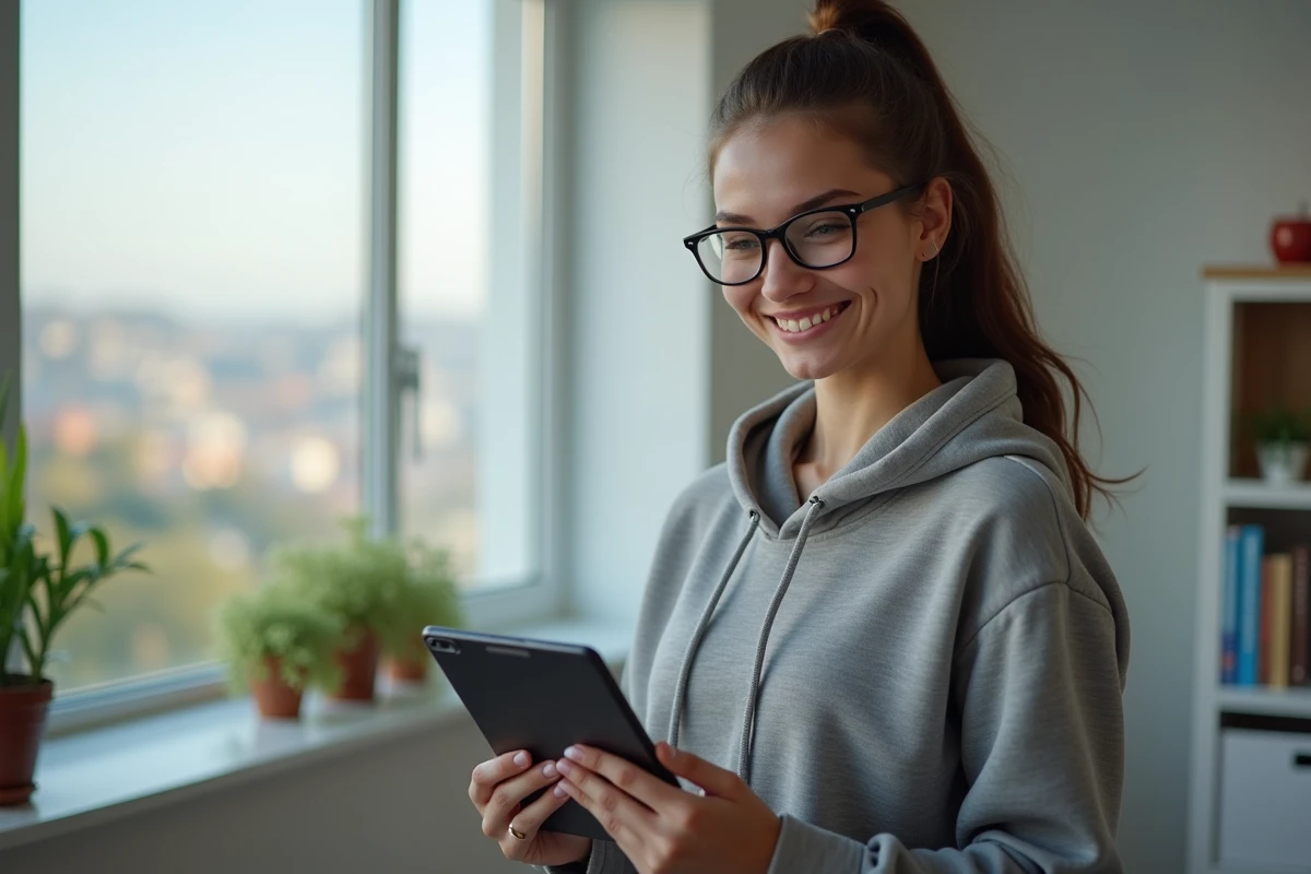 Jeune femme souriante avec une tablette de jeu