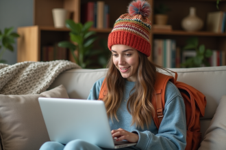 Jeune femme avec sac à dos et bonnet coloré sur sofa