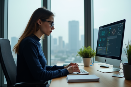 Jeune femme concentrée vérifiant les réglages du pare-feu