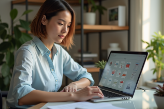 Jeune femme au bureau organisant des fichiers PDF sur son ordinateur
