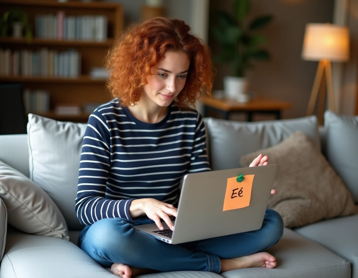 Jeune femme sur canapé utilisant des raccourcis claviers notés sur un post-it pour taper le É majuscule sur son ordinateur portable