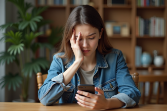 Jeune femme en denim regardant son smartphone dans un intérieur cosy