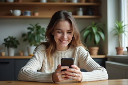 Jeune femme souriante utilisant son smartphone dans une cuisine moderne