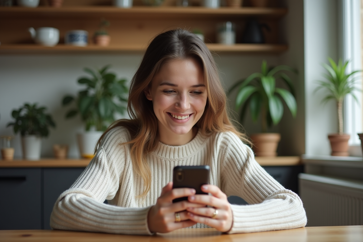 Jeune femme souriante utilisant son smartphone dans une cuisine moderne