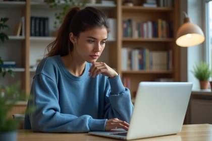 Jeune femme concentrée sur son ordinateur dans un bureau moderne
