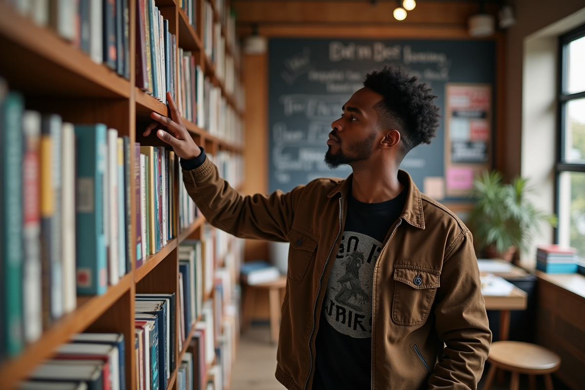 Jeune homme noir recherchant un livre dans une librairie