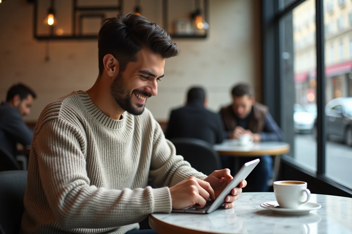 Jeune homme au café regardant sa tablette avec sourire