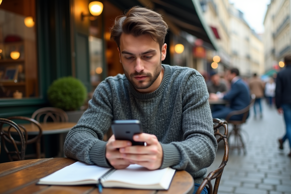 Jeune homme utilisant une application de traduction au café
