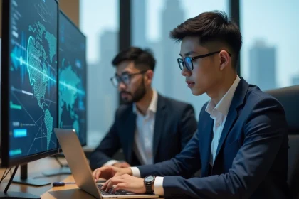 Jeune homme en costume code sur un ordinateur moderne