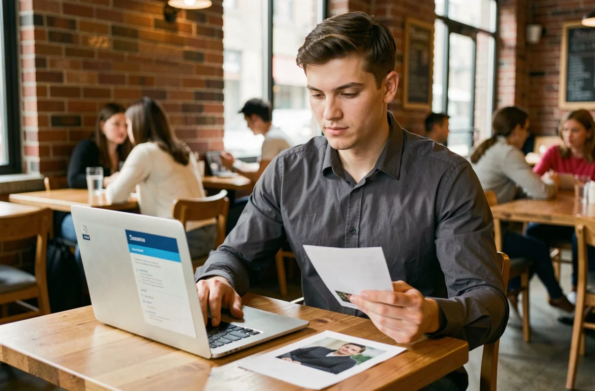 Jeune homme consultant son CV numérique et une photographie imprimée sur un ordinateur portable dans un café urbain moderne