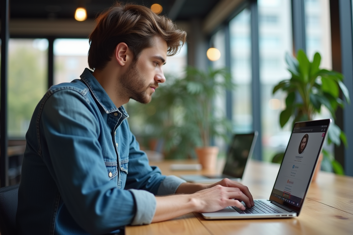 Jeune homme travaillant sur son laptop dans un espace de coworking