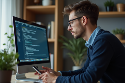 Jeune homme concentré travaillant sur son ordinateur dans un bureau calme
