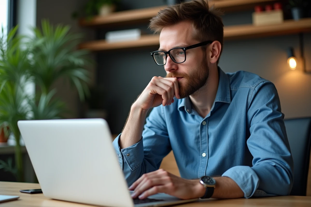 Jeune homme pensif au bureau avec ordinateur et plantes