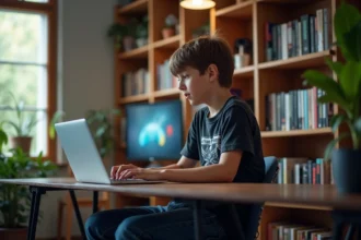 Jeune garçon concentré sur son ordinateur à la maison