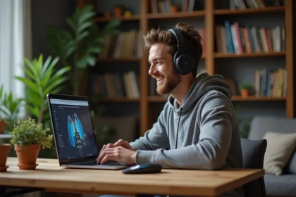 Jeune homme avec casque et ordinateur pour téléchargement musique