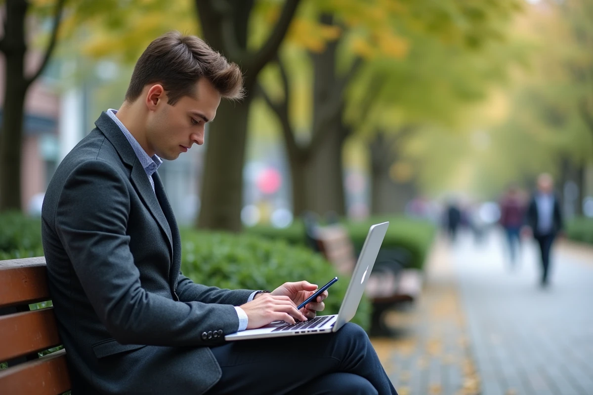 Jeune homme en extérieur analysant des données financières