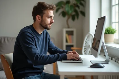 Jeune homme concentré sur son ordinateur dans un salon cosy