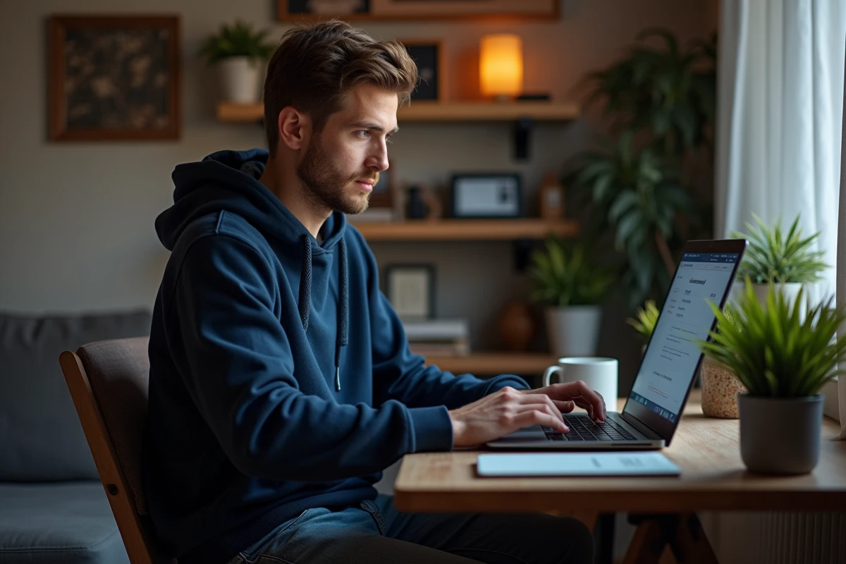 Jeune homme concentré utilisant un ordinateur portable à la maison