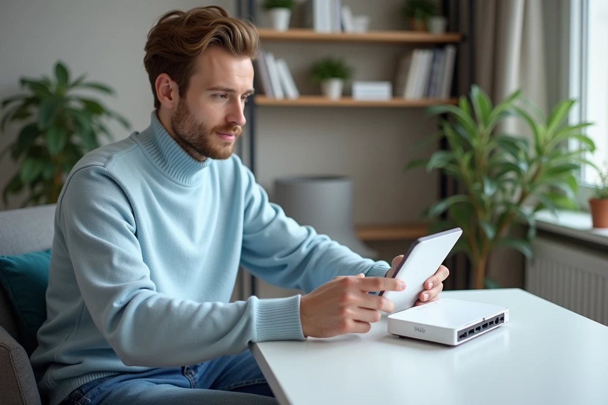 Jeune homme lisant le code WiFi sur une box internet dans un salon moderne