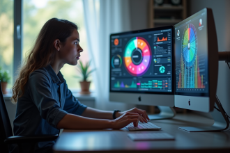 Jeune professionnel interactant avec une roue digitale colorée sur un ordinateur