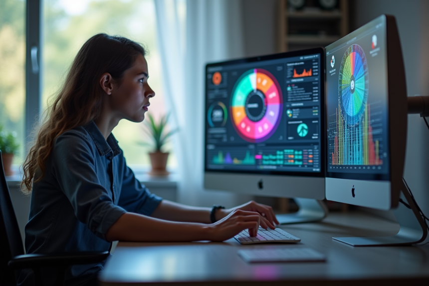Jeune professionnel interactant avec une roue digitale colorée sur un ordinateur