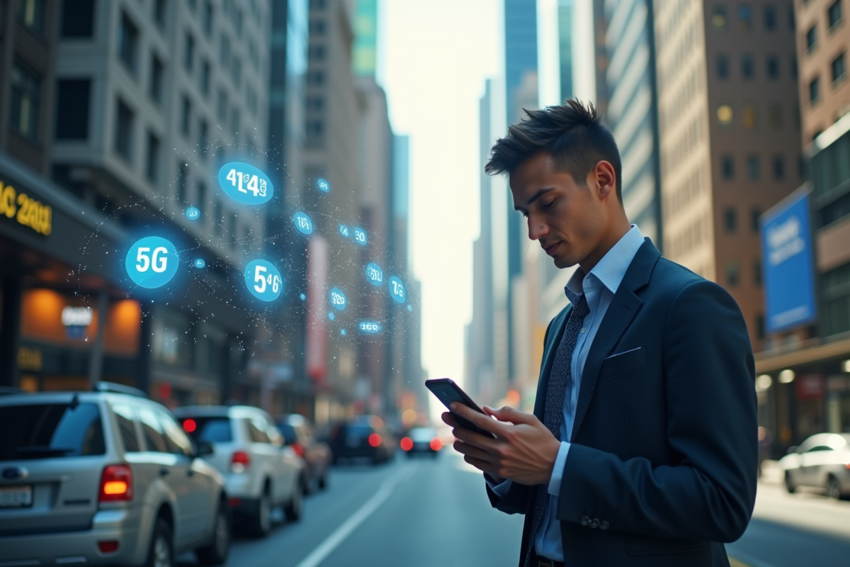 Jeune professionnel utilisant un smartphone en ville avec réseau 5G