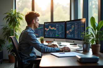 Jeune spécialiste SEO travaillant sur un bureau moderne avec écrans