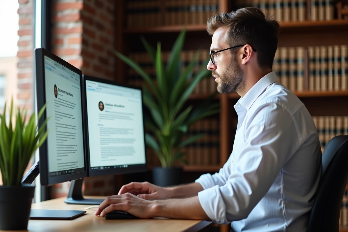 Juriste travaillant à domicile sur un logiciel de veille juridique avec double écran affichant des alertes réglementaires