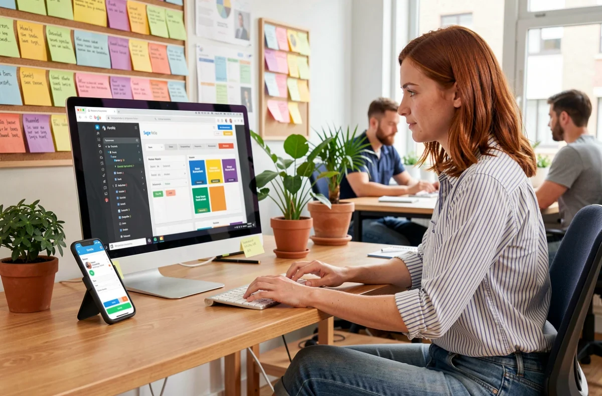 Développeuse full-stack travaillant sur un site web responsive et une application mobile simultanément, représentant l'agence Kubiweb polyvalente en web et mobile