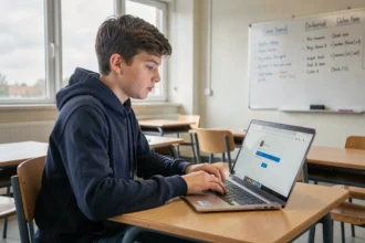 Lycéenne connectée à l'ENT Eduline Lille sur un ordinateur portable dans une salle de classe moderne
