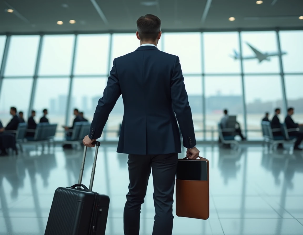 Homme en déplacement à l'aéroport tenant un MacBook 13 pouces et une grande tablette, comparaison voyage